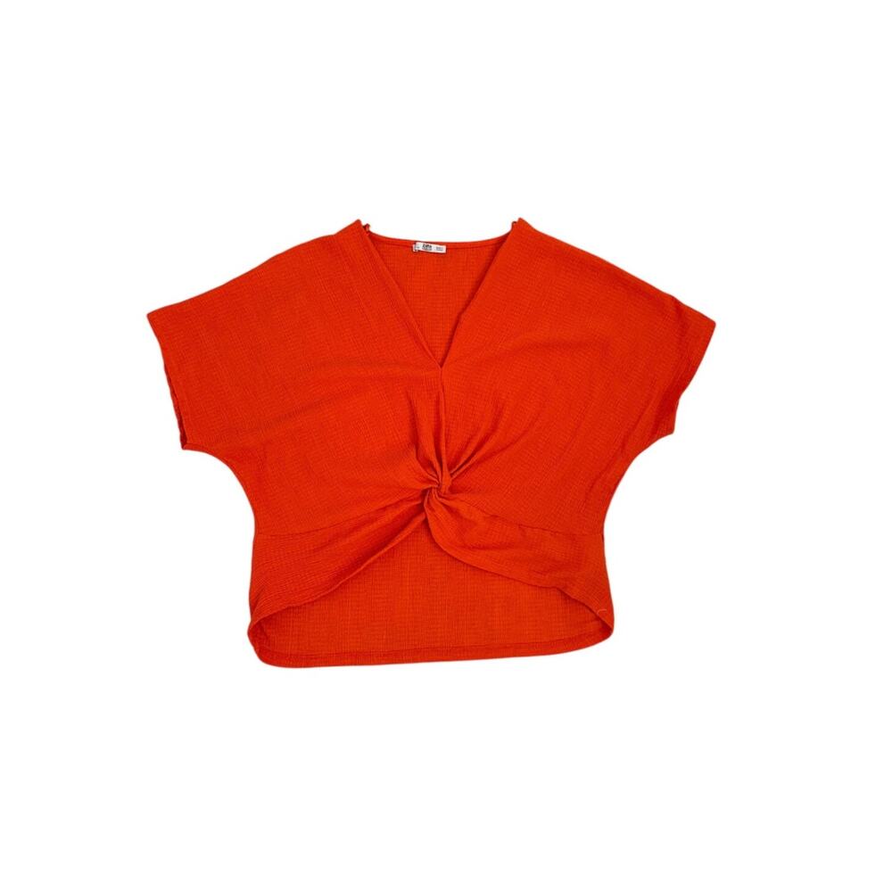 Zara Bright Orange Twist Front V-neck Crop Top Crepe Textured Shirt Size Large